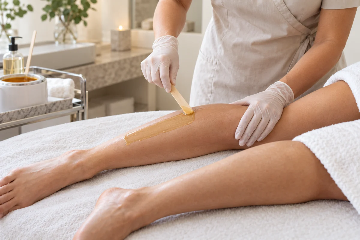Leg waxing treatment in progress